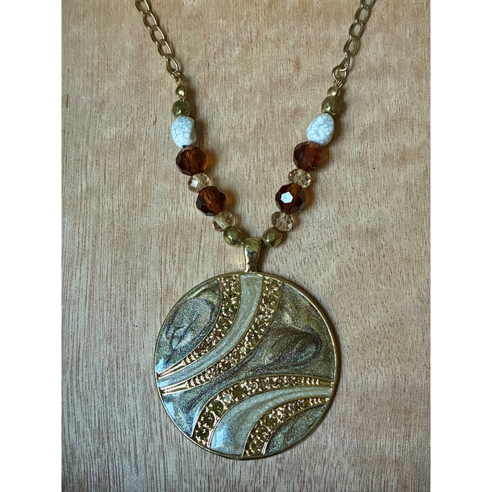 Gold Tone Large Round Pendant Necklace Amber Beads Rhinestone Statement Boho